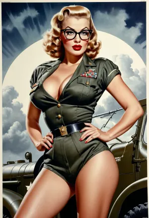 Pov photo, Instagram model face, bimbo, Army Jeep in background, glasses, wet sweaty body, big text on poster, ((massive detailed wet dickhead)), sweaty body, (((tight US military uniform 50's))), (((old US military poster, pin up 1940's))), (((Pin up.b&w. Movie poster 1950's))), ((american army uniform)), fat red lips, Photography, photorealism, a beautiful army woman, tall, beautiful perfect figure, long hair, somenaked breast, pink Nipples, Knee-high boots, stockings, perfect tall legs, charming eyes, sad yet gracious face, dark background, fantasy art capturing the style of Aaron Horkey, Jeremy Mann and Luis Royo, body-focused composition from a low angle, alluring figure, dark fantasy, dynamic composition, black white photo 1950's, red lipstick, warm hues, showcases acrylic calligraphy, watercolor techniques integrated seamlessly into a maximalist masterpiece, detailed with gouache fluidity, golden hour light, hyperrealism, hypperrealistic, hyperdetailed, 64k, ultraHDR, Movie, Poster, page, skirtlift