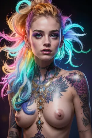 portrait of a naked 21 yo woman with an intricate glowing tattoo in brilliant red, purple, blue, neon light. The tattoo covers part of her arm and face, creating a transcendent and supernatural light. The woman's facial expression is calm and focused, with delicate features and hair adorned with elegant accessories, The background is dimly lit, highlighting the neon lights of the tattoo., making his bright tattoos stand out. The general atmosphere is punk, gold, powder, <lora:jin_20231226224140-000002:.5>