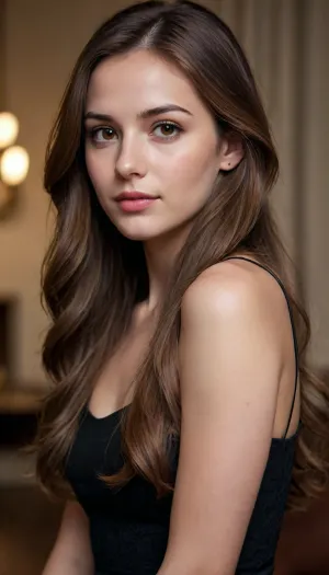 a photograph of, (1girl, solo, realistic, slight smile, zh_carm3llar0s3m, brown hair, brown eyes, lips, looking at viewer, long hair), wearing, (tight black dress)