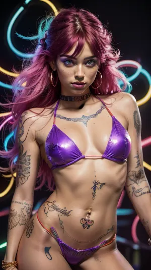 portrait of a 21 yo woman with an intricate glowing tattoo in brilliant red, rainbow color bikini, purple, blue, neon light. The tattoo covers part of her arm and face, creating a transcendent and supernatural light. The woman's facial expression is calm and focused, with delicate features and hair adorned with elegant accessories, The background is dimly lit, highlighting the neon lights of the tattoo., making his bright tattoos stand out. The general atmosphere is punk, gold, powder, <lora:jin_20231226224140-000002:.5>