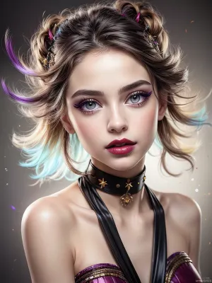 Hyperrealism, natural petite cutie, 18 years old beautiful, stunning unique female character. She has large turquoise eyes filled with joy and excitement, extravagant eyelashes, making this image a masterpiece of photography . Style, realistic hyper-detailed rendering, 32k UHD, expressive eyes, punk, graphic design, girl's face, pretty and cute, gleaming lips, white skin, naked, (very slim, skinny, thin waist), r0m4nt1cg0th, red/purple, makeup, portrait, dark, red/purple/black, lipstick, gold, powder, <lora:age_slider_v20:-2>, <lora:jin_20231226224140-000002:.7>, <lora:add_detail:.5>