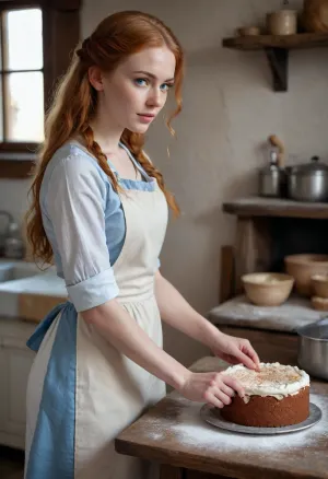 A 28years old russian woman, wearing of white cooking apron, side view, seductiv face, very white and pale skin, blue eyes, baking a cake, flour on body, thin, perfect body, ginger long hair, freckles, medieval kitchen, full side body view, masterpiece, highest quality, insanely detailed photo, detailed skin texture