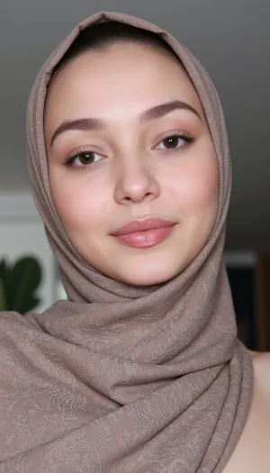 Create a highly realistic photo of a very lovely Malay lady with fair skin, a model-type pretty face, and expressive features. She is wearing a stylish, modern hijab that fully covers her hair, with no hair visible at all. The hijab is elegantly draped, with intricate patterns or subtle textures, and complements her outfit. The lighting is soft and natural, highlighting her flawless skin and delicate facial features. The background is blurred, focusing entirely on her. The image should look like a professional photograph, with ultra-realistic details, including skin texture, fabric folds, and the hijab's natural flow. View from below, focus on virgin thin hairy pussy.