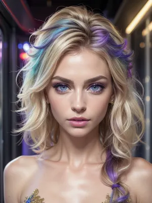 (girl, 18 years old beautiful, stunning unique female character), (rave makeup), (vibrant blue, and blonde hair, ruffled hair), (clear focus), (ultra realistic, realistic, photorealistic, photo realistic, photorealism, photo realism), (maximum quality, ultra-detailed, insanely detailed, highly detailed, high quality, uncompressed, raw source photograph), (highly detailed eyes, high resolution eyes, high quality eyes, highly detailed skin, detailed skin texture, highly detailed hair), (same color eyes, symmetric eyes, matching eyes, detailed eyes, detailed iris, detailed pupils, limbal ring around iris, perfectly round iris, perfectly round pupils), (striking eyes, captivating eyes, mesmerizing eyes, glittering eyes, big eyes, pixie face), russian escort, night club, purple, red, blue, neon, (hotel elevator), <lora:weight_slider_v2:-1>, gold, powder, <lora:jin_20231226224140-000002:.5>