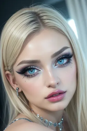 Hyperrealism, raw, 8k, (Masterpiece:1.4), (high resolution:1.4), (18 years old beautiful, stunning unique female character), (subtle shimmering makeup), (vibrant blue and blonde hair, loose hair), (clear focus), (ultra realistic, realistic, photorealistic, photo realistic, photorealism, photo realism), (maximum quality, ultra-detailed, insanely detailed, highly detailed, high quality, uncompressed, raw source photograph), (highly detailed eyes, high resolution eyes, high quality eyes, highly detailed skin, detailed skin texture, highly detailed hair), (same color eyes, symmetric eyes, matching eyes, detailed eyes, detailed iris, detailed pupils, limbal ring around iris, perfectly round iris, perfectly round pupils), (striking eyes, captivating eyes, mesmerizing eyes, glittering eyes, big eyes, pixie face), natural petite cutie, full body on pic, 18 years old beautiful, stunning unique female character. She has large turquoise eyes filled with joy and excitement, extravagant eyelashes, making this image a masterpiece of photography and digital art. Style, realistic hyper-detailed rendering, 32k UHD, expressive eyes, punk, graphic design, girl's face, pretty and cute, gleaming lips, white skin, gr4ph1cl1n3r, graphic, eyeliner, lipstick, <lora:gr4ph1cl1n3r:.5>