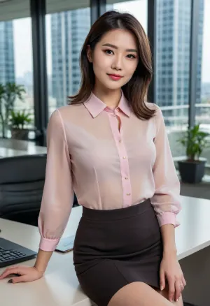 full body shot, full figure photo, entire body visible, masterpiece, 8k, photorealistic, professional photography, corporate setting, young East Asian woman, ethereal beauty, Korean beauty standards, delicate oval face, high cheekbones, soft jawline, large almond eyes, double eyelids, rich brown iris, long dark lashes, straight dark brows, small straight nose, full gradient pink lips, warm genuine smile, flawless glass-skin complexion, medium-length chocolate brown hair, asymmetrical bob cut, chin-length layers, side-swept bangs, silky texture, slim elegant figure, 160cm, graceful posture, long elegant neck, narrow shoulders, small waist, standing pose, leaning casually against office printer, weight on one leg, relaxed contrapposto, one hand holding documents, elegant hand position, manicured nails french style, natural elegant stance, white flowing silk blouse, premium fabric, crisp collar, french cuffs, pearl buttons, tailored fit, black pencil miniskirt, high-quality wool blend, form-fitting, above knee length, black sheer pantyhose, black stiletto heels, 10cm height, pointed toe, luxury brand shoes, modern office setting, large professional printer-scanner, sleek black design, high-rise office building, floor-to-ceiling windows, panoramic city view background, modern office interior, open plan office, professional workspace, glass partitions, organized environment, sleek furniture, designer office decor, natural daylight, glass walls, soft shadows, shallow depth of field, cinematic composition, corporate portrait, high-end photography, perfect skin texture, natural makeup, dewy finish, sharp focus, subtle background blur, professional lighting, daytime office lighting, golden hour glow, negative, CGI, artificial features, heavy makeup, unrealistic proportions, low quality, blurry, grainy, oversaturated, lens distortion, plastic skin, excessive editing, provocative poses, unprofessional setting, messy office, cluttered background, cropped body, partial body, distorted limbs