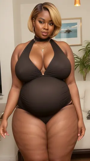 tall super thick ebony woman, chubby obese 40 year old granny ssbbw, pregnant belly, huge thick thighs, massive bloated belly, huge breasts hh cup, red lyrca mini dress, short cut blond hair