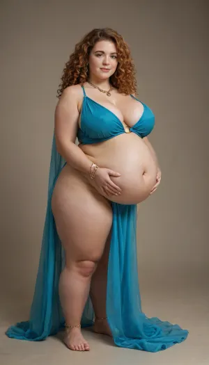 tall super thick ebony woman, chubby obese 30 year old ssbbw, pregnant belly, huge thick thighs, massive bloated belly, huge breasts hh cup, belly dancing costume, long curly ginger hair