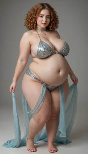 tall super thick woman, chubby obese 30 year old ssbbw, pregnant belly, huge thick thighs, massive bloated belly, xstream massive saggy breasts, silver belly dancing costume, long curly ginger hair