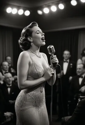 (Chansonette in the 1940s singing in a luxury cabaret), beautiful perfect young girl, famous Cansonette from the 40s, perfect vintage body from the 40s, very amazing giant huge saggy pointy boobs, in a very sexy vintage bright sheer elegant dress, 40's jewelry and earrings, black and white efect photo, perfect detailed singing antique microphone from the 1940s, full deitailed scene complete, in the luxury cabaret, mob of people, (crowd of people having lunch and applauding), (((full body portrait))), (masterpiece), (incredible high quality realistic photo), high quahalflity textures, ultra high definition RAW file, (incredible uhdr), (incredible sharp image)