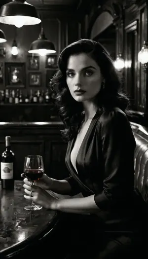 The girl starred in a Hollywood noir film. She has long dark hair that falls to her shoulders in soft waves. Her eyes are deep and expressive, framed by thick lashes, and her gaze is piercing through and through. Thin eyebrows are gracefully arched, giving the face a mysterious look. Her skin is pale, almost porcelain, with a slight blush on her cheeks. She is wearing a black dress with a long train that accentuates her slender figure. High heels give her confidence and grace. In her hands, she holds a cigarette, the smoke of which slowly rises up, adding drama and mystery to the scene., All around is semi-darkness, lit only by dim, flickering streetlights. In the background, you can see an old, shabby bar with dark wood paneling and mirrors that reflect the subdued light. A bartender in a black jacket is standing behind the bar, pouring a drink. There are broken bottles and crumpled napkins on the floor. In the corner of the room is an old leather sofa, on which a man in a hat and walking stick is sitting, his face hidden in the shadow of a tree. In another corner, by the window, a woman in a red dress is sitting at a table with a glass of wine, her eyes fixed on the distance., Yellowed posters and photos of past movie stars hang on the walls. The smell of tobacco and alcohol lingers in the air, creating an atmosphere of tension and mystery. The camera moves slowly around the scene, capturing each element so that the viewer can fully immerse themselves in the atmosphere of a noir movie., (((Monochrome painting, face focus, half body portrait)))