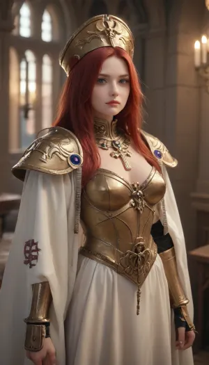 hyperrealistic photo of a girl with a beautiful face and red hair standing in a waterlogged village looking intensely at the viewer, she is wearing heavy armor, warhammer 40k, adepta sororitas, award winning photography, highly detailed, ultra detailed, <lora:WH40XL:1>