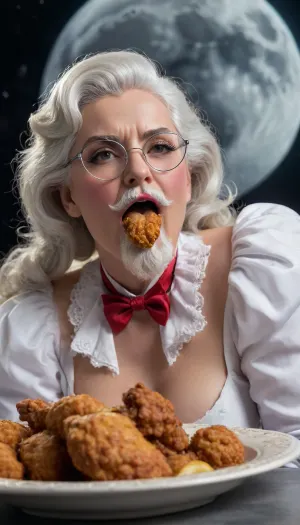 female colonel sanders eating fried chicken on the moon, huge tits, exposed breasts, grey beard and moustache