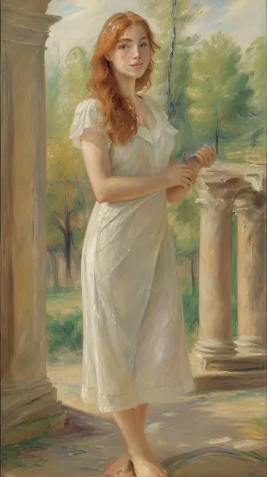 (very beautiful portrait painting by Max Liebermann:1.4), showing a, (20yo woman), (ginger hair), (nightgown), (barefoot), (in front of a ruin), solo