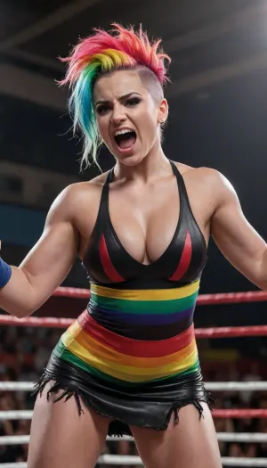 A wrestling woman, big breasts, long rainbow hair, mohawk haircut, wrestling ring, black micro skirt, victory pose, torn dress