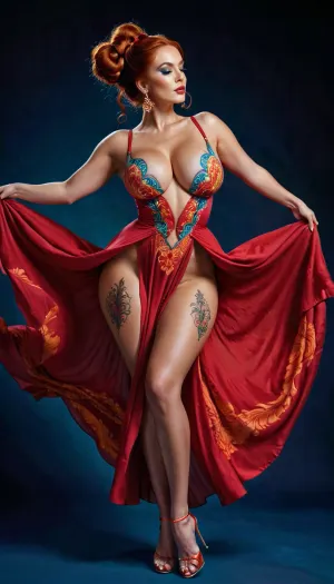 wide hips, rounded ass, long red hair with two buns, Colorful woman, Black ink flow, 8k, photorealistic masterpiece, intricately detailed fluid gouache, calligraphy, watercolor art, professional photography, volumetric lighting, photo-illustration, concept art, elegant, fantastical, the whole body is visible, dynamic pose, dancing, voluptuous dress, big tits, XUER, Silk, Road, dress, full, body, tattoo, mad-cybrpprct2, papercut, outline, glowing, style, blacklight, makeup, artmgn, large, breasts, big, boobs, huge, tits, <lora:Neon_Cyberpunk_Papercut_2_SDXL:.5>, <lora:neon_style:.5>, <lora:blacklight_makeup_v2:.5>, <lora:437584_training_data:.5>, <lora:bombshell_v2:.5>