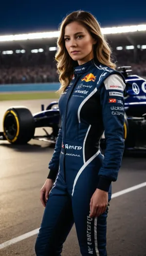 A woman in a sleek, form-fitting racing suit stands confidently beside a high-performance Formula 1 car on the racetrack near the pit stop, her gaze sharp with determination, the metallic sheen of the car reflects the ambient lights, while the textured asphalt beneath her feet adds depth and realism, in the background, the blurred motion of the pit crew and distant grandstands create a sense of speed and anticipation, dynamic lighting with a mix of cool and warm tones enhances the three-dimensional feel, casting dramatic shadows and highlights that emphasize the contours of her suit and the aerodynamic curves of the car, a cinematic low-angle shot, ultra-realistic details, immersive depth, 4K resolution