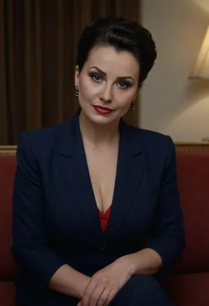 close up, face focus, 1/2 body view, soviet mature woman, ((completely clothing)), ((in dark blue soviet business suit)), (curvy body), ((dark updo haircut)), 40 years old, perfect face, blue eyes, makeup, red lipstick, sitting on sofa, microskirt, extremely, short, skirt, <lora:MicroSkirt_XL:.5>, <lora:580159_training_data:.5>