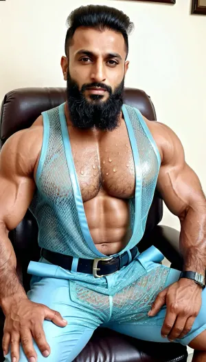 ('Afzal Khan' wearing Pakistani Office uniform, Very ruggedly handsome Big Muscular Indian Muslim bodybuilder sitting on the recliner in Office), foot fetish, (Handsome and Hot Muslim hunks with very long beard), dark and rough Muslim men, (40 year old, Muslim, tall muscled Arab Indian dark male, rough, dominant, daddy, (hairy armpits and Chest), bodybuilder, perfect fingers, oily Sweaty body, dilf, Big seductive eyes, Wet body, rain drops, ultra sharp high definition details, pubic hair, professional photography, insanely detailed, RAW photo, HDR, hyper-realistic, cinematic lighting, photo realism, ((Married Muslim Men wearing see-through Mesh office tanktop, full length pant, office belt)), lustful eyes, menacing attitude), intricate tattoos