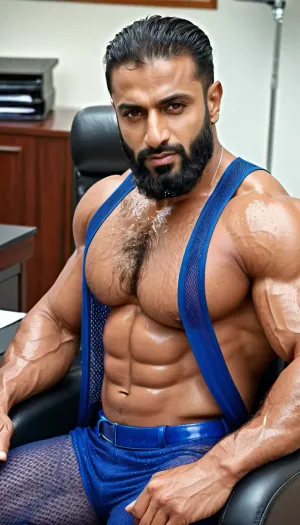 ('Afzal Khan' wearing Pakistani Office uniform, Very ruggedly handsome Big Muscular Indian Muslim bodybuilder sitting on the recliner in Office), foot fetish, (Handsome and Hot Muslim hunks with very long beard), dark and rough Muslim men, (40 year old, Muslim, tall muscled Arab Indian dark male, rough, dominant, daddy, (hairy armpits and Chest), bodybuilder, perfect fingers, oily Sweaty body, dilf, Big seductive eyes, Wet body, rain drops, ultra sharp high definition details, pubic hair, professional photography, insanely detailed, RAW photo, HDR, hyper-realistic, cinematic lighting, photo realism, ((Married Muslim Men wearing see-through Mesh tanktop, full length pant, office belt)), lustful eyes, menacing attitude), intricate tattoos in his muscular arm