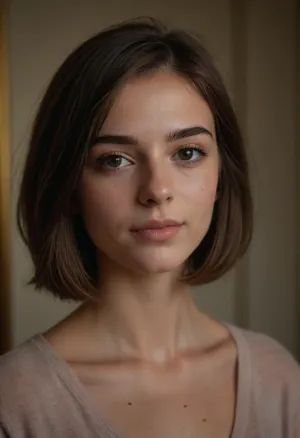 portrait of a, (beautiful:1.3), (sexy:1.3), (innocent:1.3), girl, (looking young:1.4), 18 yo, (makeup:1.3), thin, (French), (small nose:1.5), (shy, smile), Bob haircut, (brown hair), perfect eyes, (matte skin details), masterpiece, hyperrealistic photo, best quality, detailed, skin, blemish, (skin spots), <lora:add-detail-xl:2>