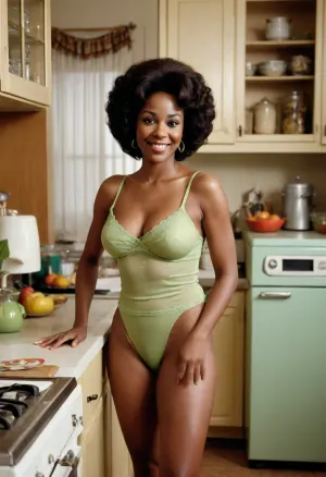 FOR THE LOVE OF GOD SHE JUST NEEDS FIVE FINGERS ON THAT LEFT HAND! Take a perfect candid analog photo of a quintessential African-American 1970s TV sitcom mom standing in a quirky kitchen with a very 1970s vibe wearing a skimpy transparent camisole, busty, cleavage, hairy bush, firm ass, smiling and a little naughty, photorealism, side view, Sitcom, Drama, Looking, to, the, side, Living, Room, Office, Smirk, Shocked, kitchen contains avocado-colored appliances and a fondue pot and items decorated with mushroom art and a beaded curtain, <lora:Sitcom_Drama_Style:.5>, <lora:detailed_notrigger:.5>, medium shot