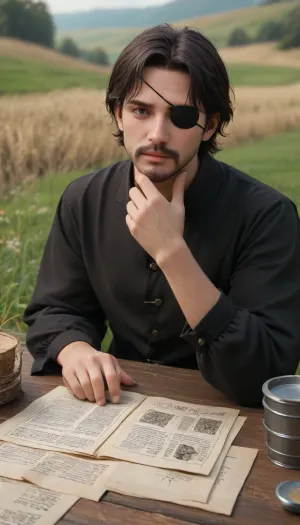 1 handsome 40-year-old man with shoulder-length black hair, a mustache and goatee, wearing a simple black tunic and an eye patch over his right eye, on a grassy hill, leaning over a table covered in papers, medieval, <lora:356827_training_data:.5>