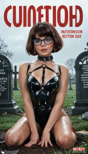 full body view, velma thinkley, sexy harness latex, slave collar, rainy day, in a cemetery, kneeling on a grave, detailed background., C-S_MAG, Retro, CUM-SHOT, MAGAZINE, COVER, text, that, says, <lora:C-S_MAG MAGAZINE COVER  SDXL Lora:1>