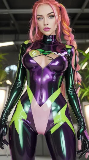 25 year old woman, red hair, green eyes, sidelocks, streaked hair, high braided ponytail, ginger hair, gradient hair, multicolored hair, pink tips, purple highlights, masterpiece, best quality, medium breasts, (latex:1.2), bodysuit, purple latex bodysuit, skintight, impossible bodysuit, female combatant, latex gloves, covered navel, neon green trim, neon green lines, expressionless face
pink lipstick, pink lips, fake eyelashes, silver eyeshadow, gardenhouse, bright plants, mystic garden, standing at attention, legs together, solo, (shiny glossy purple latex clothing, gleaming oily latex fabric:1.2), intricate, highly detailed, majestic, shallow depth of field, movie still, circular polarizer, colorful
biotattoo