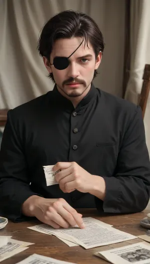 A middle-aged man with short black hair, a mustache and goatee, wearing a simple black tunic and an eye patch over his right eye, in a tent standing over a table covered in papers