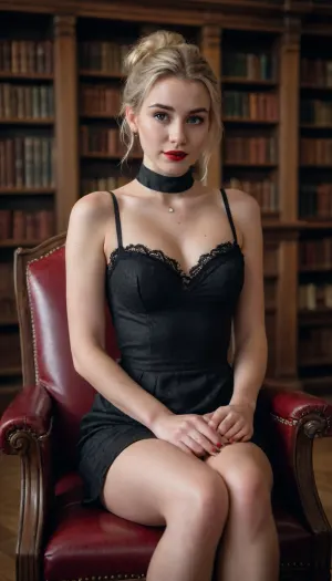 woman 20 years old, only light source candle light, poor lighting, surreal, 8k resolution, super detailed, professional photography, Instagram model, Russian librarian in an old dark wooden library sitting in an old big armchair, blonde hair messy bun, black cocktail dress, 1 breast exposed, slightly spreaded legs so she can teas with view under the dress not su much that you could spot her vagina, medium breasts, Nordic, freckles, lifelike face, athletic body, lustful enjoying face, mysterious shy smile, bracelet, black chocker, full body, red lipstick and fingernails, nose piercing, scar through her left eyebrow
