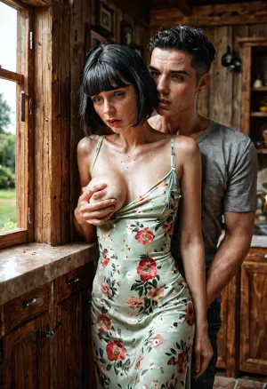 ((An insanely hot woman of 69 years old innocent-looking black haired, bob cut, housewife standing against the wall in a cottage kitchen)), ((very large boobs)), ((extremely skinny)), very tight floral casual summer dress, one breast falling out, cleavage, ((man is violently covering her mouth+groping her exposed breast+pinning her against the wall)), ((extremely sad facial expression)), ((panicking)), (looking at man with fear+annoyance), perfect hands, perfect fingers, perfect anatomy, realistic skin, skin pores freckles moles blemishes wrinkles