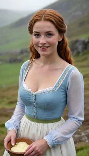 Beautiful Irish milkmaid in traditional irish clothing, (25 year old), smiling submissively, down blouse, beautiful face, perky breasts, cleavage, ultra high quality, on irish mountain, misty, hazy foggy, (churning butter), stunning, gorgeous, large breasts, skinny waist, full lips, freckles, freckled, tanned, tan