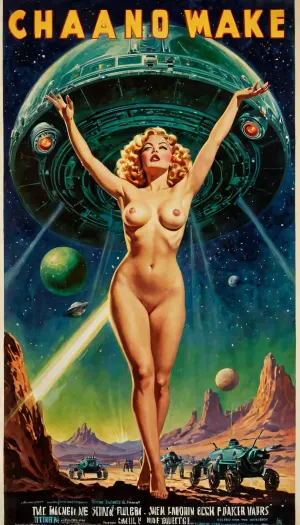 A vintage-style, (movie poster), for a 1950s sci-fi B-movie. The design follows the classic hand-painted aesthetic, with bold colors, dramatic lighting, and exaggerated expressions., (The title is in large, retro-futuristic font at the top, with a tagline below in smaller, melodramatic text.), The background features a deep-space setting with swirling nebulae and distant planets. At the center, a nude woman in distress is prominently featured. Her hair is in voluminous curls, and her wide eyes and open mouth convey terror. One arm is raised in defense, while the other reaches out desperately. The reason for her distress looms behind her—a towering, grotesque alien creature. The alien has an oversized, bulbous head with glowing, insect-like eyes. Its slimy, green skin glistens under eerie light. The creature's long, clawed fingers extend toward the woman, and its jagged, fang-filled mouth is open as if growling or hissing. Mechanical elements, such as metallic tubes or wires, are integrated into its body, hinting at a fusion of organic and robotic life. In the background, a flying saucer hovers menacingly, casting a bright beam of light onto the ground. Shadowy humanoid figures in metallic space suits stand near the saucer, possibly alien invaders or mind-controlled humans. The landscape consists of jagged, rocky terrain with cracks emitting a mysterious glow. The bottom of the poster features a dramatic credit block with over-the-top cast names and a fictional director. The overall composition is dynamic, with diagonal lines and exaggerated perspectives to emphasize action and tension., (nudity:1.5)