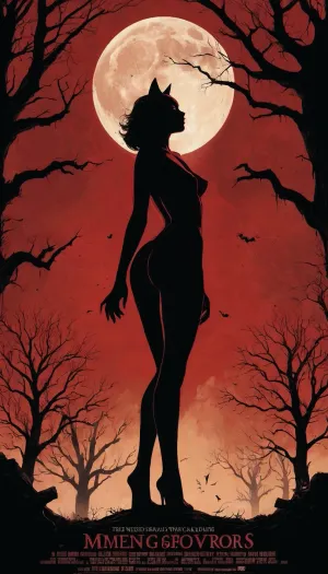 The image is a vintage-style movie poster for an imaginary 1950s horror B-movie, designed with a dramatic hand-painted look. The title is displayed in large, jagged, blood-red letters at the top, with a chilling tagline below, written in an eerie, dripping font. The background is dark and shadowy, featuring a full moon behind twisted, leafless trees, casting eerie light over the scene. Thick fog rolls across the ground, partially obscuring a crumbling old house or gothic mansion in the distance.

At the center of the poster, a nude woman in distress is prominently featured. Her eyes are wide with terror, her mouth open in a scream. One arm is raised as if to shield herself, while the other reaches out, frozen in fear.

The reason for her distress is a monstrous figure closing in on her. It’s a vampire with an elongated face, sharp fangs bared, and a black cape billowing in the wind. Another possibility is a shadowy, clawed figure lurking just behind her, barely visible in the darkness, its glowing eyes the only thing cutting through the gloom.

Other sinister elements fill the background—a black cat with arched back and glowing eyes, a bat flying across the moon, or a hand emerging from a fresh grave. At the bottom of the poster, the credits are written in a classic horror-style font, listing over-the-top actor names and a fictional director. The entire composition is high-contrast, with deep shadows and bright highlights, creating a sense of dread and tension., (nudity:1.5)