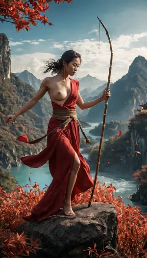 At the edge of an impossible mountain range, where the peaks curl like dragon claws and the rivers flow upward into the sky, a sexy nude female martial artist stands atop a floating, spinning bamboo staff. She is weightless, her crimson sash unraveling in slow motion as if caught in the breath of the universe itself. Her fists glow with an eerie blue fire, casting flickering shadows across her face—calm, unreadable, yet holding the knowledge of a thousand battles. Around her, warriors of all kinds move in impossible harmony, engaged in an endless, cosmic sparring match. A barefoot monk with golden tattoos levitates above a lake of liquid mirror, deflecting a hail of daggers with nothing but his breath. A swordsman, his blade made of frozen lightning, dashes between falling autumn leaves that never quite touch the ground. Twin assassins, their bodies flickering between flesh and shadow, strike at one another with kicks so fast they shatter the air into rippling fractures of reality.
Above, celestial judges—ancient beings with eyes like eclipses—hover in lotus position, their enormous calligraphy brushes painting glowing symbols in the sky that dictate the gravity of the battlefield below. Occasionally, they reach down and erase a warrior with a single stroke, rewriting their fate into another form.
At the mountain’s peak, an enormous bronze gong hums with anticipation, its deep vibrations altering the flow of time itself. The woman atop the spinning bamboo finally moves—one single step forward—and the entire world shifts around her, as if every kick, every punch, every battle that has ever been fought was simply leading to this exact moment.
