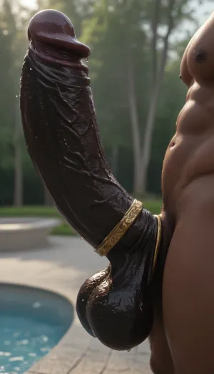 ((penis closeup, dark black cock in focus)), side view, ((cinematic lighting)), ((evil dark black monster phallus)), genital closeup, (ultradetailed veiny texture), (porn lighting), oiled wet body, ((very dark black skin)), erect, penis curved upwards, arching, arched tip, dark tip, ((hyper gigantic black penis)), (bulbous veins), ((huge thick luxurious wide cock ring)), muscular and dark, (dark thighs), (ruby decoration details), ((sophisticated angelic delight)), ((outdoors at luxury hotel poolside, black-red-gold colors, angelic themes)), ((luxurious lush thick lube oil over the penis, wet penis)), (hyper dark black dick), enormous girthy fat dark black dick, phallic details, hung faceless very dark black monster african male, (exquisite phallus), ((solo male)), darkx, (oily), (saggy balls), (balls fully visible), ((fantastical special phallus)), volume effect, ((day time)), bright sunlight, (very black-skinned), ((jet-black skin))