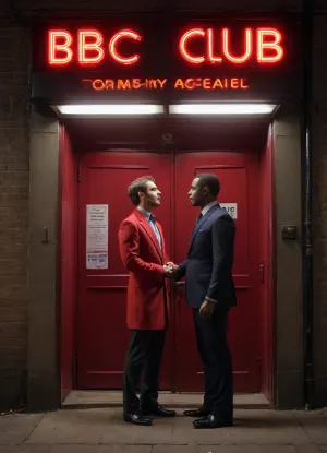 neon lights above it displaying the words "BBC Club." A Caucasian man and an Iranian woman with brown hair kneel in a quiet alley, both dressed in elegant evening attire. The woman wears a short red dress paired with high-heeled YSL shoes. The man is dressed in a formal outfit beside her. At the end of the alley, there is a door with neon lights above it displaying the words "BBC Club." In front of the door, two muscular Black men stand guard. The background is dimly lit, with neon lights casting a moody atmosphere over the scene. neon lights above it displaying the words "BBC Club."