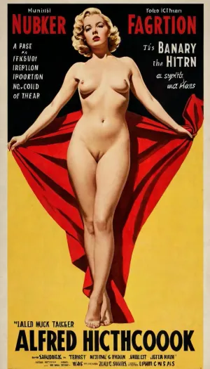 The image is a vintage-style movie poster for an imaginary Alfred Hitchcock film, designed in the iconic style of his classic posters from the 1950s and 1960s. The composition is bold and graphic, with a limited color palette—perhaps black, white, and a striking accent color like deep red or yellow. The typography is sharp and dramatic, featuring the director’s name in bold letters at the top, followed by a cryptic, suspenseful tagline. The film title is displayed prominently in large, clean, sans-serif or art deco-style lettering.

At the center of the poster is a nude woman in distress, a classic Hitchcock heroine. Her face is partially lit, with deep shadows obscuring part of her expression, creating a sense of mystery and unease. Her wide eyes are frozen in fear, and her mouth is slightly open as if she is about to scream but can’t. Her short, wavy hair is slightly disheveled. One of her hands is raised in a defensive posture, while the other clutches at her chest, as if realizing something terrible.

The reason for her distress is suggested rather than fully revealed, adding to the suspense. A large shadowy figure looms behind her, its shape distorted and unnatural, stretching across the background like an ominous presence. Alternatively, an abstract spiral pattern—reminiscent of Vertigo—swirls behind her, pulling her into a dizzying sense of paranoia. Another variation might include a single, dark silhouette of a trench-coated man standing in the distance, watching her from the shadows.

The tagline adds to the intrigue, "She knew the truth. They knew she had to disappear." or "Once you hear the whisper, it's already too late." The background is minimal but striking—perhaps a stark city skyline, a long, empty corridor, or just deep, inky blackness. At the bottom, the credits are arranged in a sleek, minimalist layout, completing the poster’s vintage Hitchcockian aesthetic, (nudity:1.5)