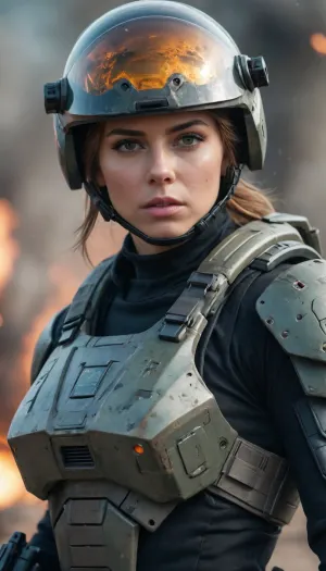 A battle-hardened female soldier stands on a battlefield with futuristic weapons. Explosions, mechs, smoke, visor reflection, extreme close-up, portrait.