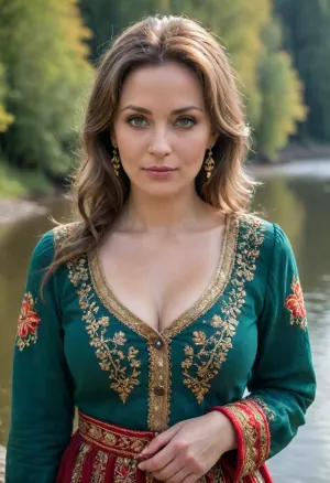 RAW photo, subject, (high skin detail:1.1), 8k UHD, soft light, high quality, film grain, Fujifilm XT3, dynamic angle, (mature milf:1.5), russian peasant woman, on the lake shore, oak forest behind the lake, in front of the viewer, ((everything is clearly drawn)), eye contact, ((full view)), mature milf, fair skin, (overweight:1.1), ((kind:1.1)), (show full face), ((half-length portrait)), ((in festive national Russian clothes, with embroidered gold pattern)), ((f4rhairstyle)), brunette with long wavy hair, unbuttoned blouse. detailxl, green, eyes, blue, brown, perfecteyes, <lora:xl_more_art-full_v1:.5>, <lora:PerfectEyesXL:.5>