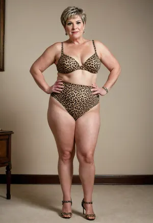 Bbw, 70 years old, anklet on one ankle, leopard print high heels, standing, hands on hips, show full body, leopard print lingerie, small breasts, no shirt, no bra, more wrinkles, pixie cut, overweight curvy, wrinkles, extra wide hips, extra wide ass