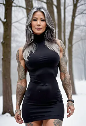 woman, Asian American 40 year old Female, stunningly beautiful supermodel, very tall, long legs, ((long voluminous layered greying hair spilling across face and shoulders)), long hair, layered hair style, muscular, toned body, ripped body, huge perfect breasts, full body pose, sexy face, perky nipples, tight sleeveless turtleneck leather dress, muscular biceps, broad shoulders, perfect straight nose, (((fully tattooed arms))), walking in the snow, <lora:uberfit_lora_sdxl:.5>, <lora:PerfectEyesXL:.5>, <lora:AtomictitsXL:.5>