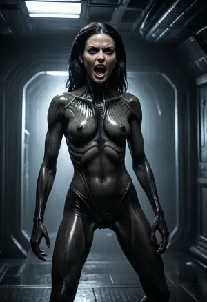 (warm ambient light:.5), (shadows:.4), RAW image, Canon EOS R3, DSLR photo, 8k, best quality, (masterpiece:1.1), (realistic, photo-realistic:1.2), ultra high res, (white woman with black hairs), (woman merging with xenomorph), (she has a xenomorph tail), (she has xenomorph body), (black xenomorph body), (she a normal human head on a xenomorph body), (human head), backlight, mutating, (40 year old woman, black hairs), (in a dark space ship), (wet hairs), ((dark eyes), (evil look)), (she is standing on her toes), claws, (long arms), (long legs), (she is in pain), screaming, (huge claws)