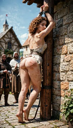 1 cute slavegirl in medieval rome, perfect body, perfect face, torn medieval clothes, no underwear, standing barefoot, hands above head chained to a pole, puplic punishment, public flogging, whipping marks, from behind