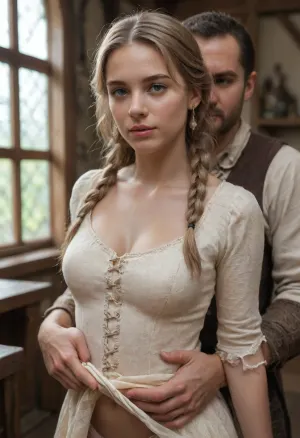 Medieval tavern seduction: blondie in braids & tight costume, man lifting dress to reveal panties