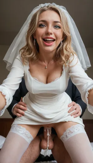 1woman, (milf:1.2), slender, 40yo, 1man, breasts, hetero, penis, sex, pubic_hair, vaginal, uncensored, grabbing, breast_grab, pussy, female_pubic_hair, freckles, woman, legs apart, dress lifted, (standing:1.2), white stockings, earrings, testicles, perfect hair, wild hair, (short hair:.9), standing_sex, jewelry, out of frame, male_pubic_hair, (panties), white panties, panties aside, blush, sweat, realistic cum, clear cum, grabbing_from_behind, opened_eyes, medium breasts, clothed, wearing white long dress, (fabric dress), tanned skin, photorealistic, intricately detailed face, intricately detailed pussy, realistic cock, intricately detailed cock, realistic face, focus on pussy, cum filled pussy, (face out of frame), (view from below:1.2), realistic pussy, (eye contact:1.2), looking at viewer, looking down, smirk, grin, wicked smile, (snub-nosed), (sharp face features:1.3), (cuckold:1.1), cuck, wife, femdom, perfect teeth, (wide jaw:1.2), thick lips, (fake puffy lips:1.2), sexy makeup, dark eye lashes, pink lipstick, cleavage, wedding dress, bridal dress, bodycon dress, (narrow sleeves:1.1), gray eyes, (from behind), white chocker, beautiful face, perfect face, high detailed face, slut, whore, bride, wedding, white veil, white hairband, mistress, cruel, cum dripping, cum flow down from pussy, pulsing dick, pulsing vagina, (hard testicles), (moaning:1.3), cumming, a lot of cum, massive cum load, (sharp nose), (long nose), sweaty, sweating, flush, (long dress:1.1), long dress lifted, (reaching to viewer:1.2), perfect hands, five fingers, french nails, light eyes, blonde hair, (loose hair:1.2), (kneeling:1.3), (standing on knees:1.3), (leaning forward:1.3), (front view:1.3), (vaginal sex:1.3)