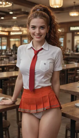 UHD 8K, extreme realism, maximum detail, (crowded restaurant:1.3), 20 year old athletic Irish redhead, long curly hair, ponytail, medium breasts, (revealing microskirt:1.7), (visible panty:1.6), (short-sleeved shirt:1.4), (tie:1.4), very attractive, smile, (not looking at the viewer:1.5), leaning on a counter