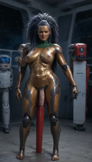 Scottish 25 year old woman posing, elf ears, (cybernetic skin:2), (perky boobs:1.6), (wide hips:1), science fiction starship, (cybernetic hair:1.7), photoshoot, (full body view:1), night, (Space Force uniform:1.5), (erect penis), (futanari:1), (wincing:1.5), (covered in cum:1)