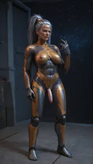 Scottish 25 year old woman posing, elf ears, (cybernetic skin:2), (perky boobs:1.6), (wide hips:1), science fiction starship, (cybernetic hair:1.7), photoshoot, (full body view:1), night, (Space Force uniform:1.5), (erect penis), (futanari:1), (wincing:1.5), (covered in cum:1)